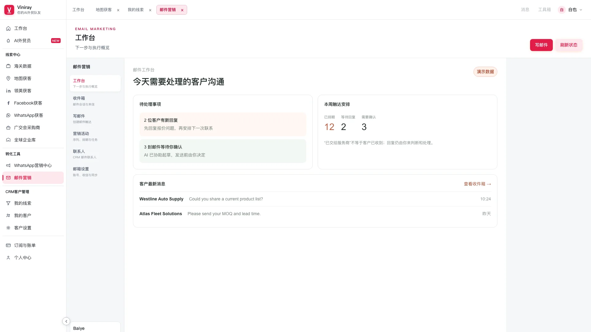 Viniray 邮件营销工作台,展示活动、送达状态与回复统计